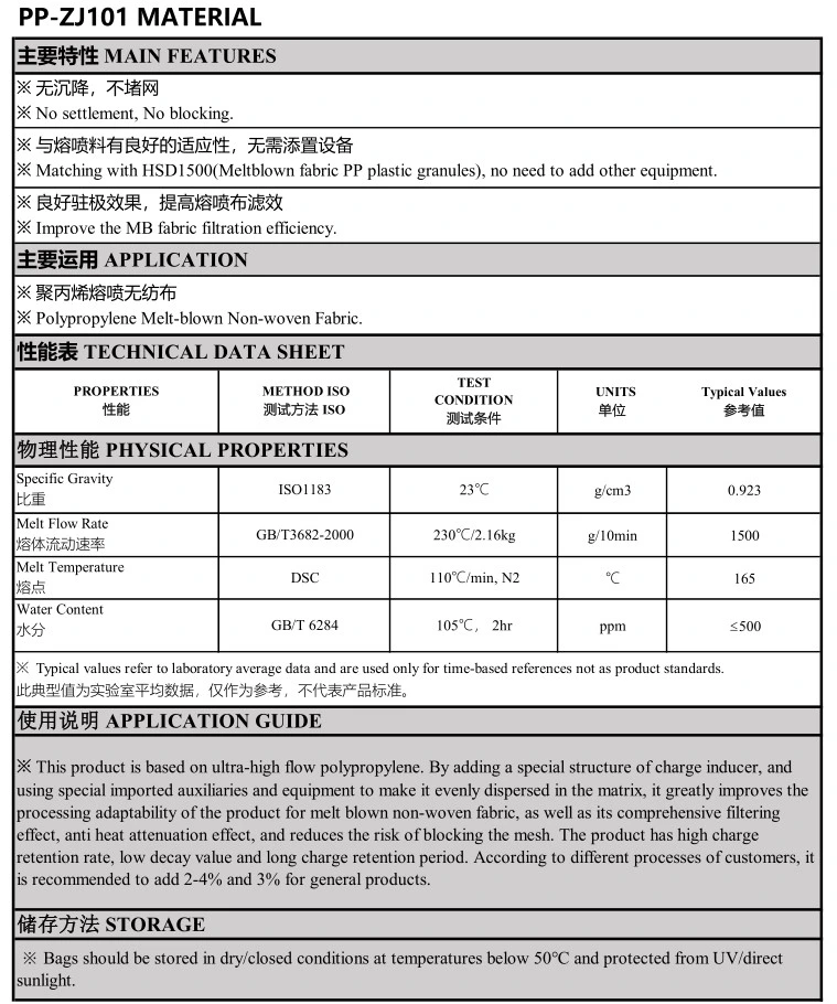 Polypropylene Melt Blown Fabric Plastic Material Pph Mfi-1500 PP1500